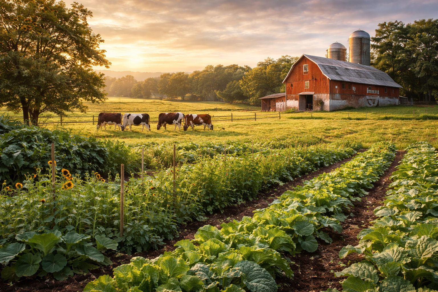 Farm tractor at sunset