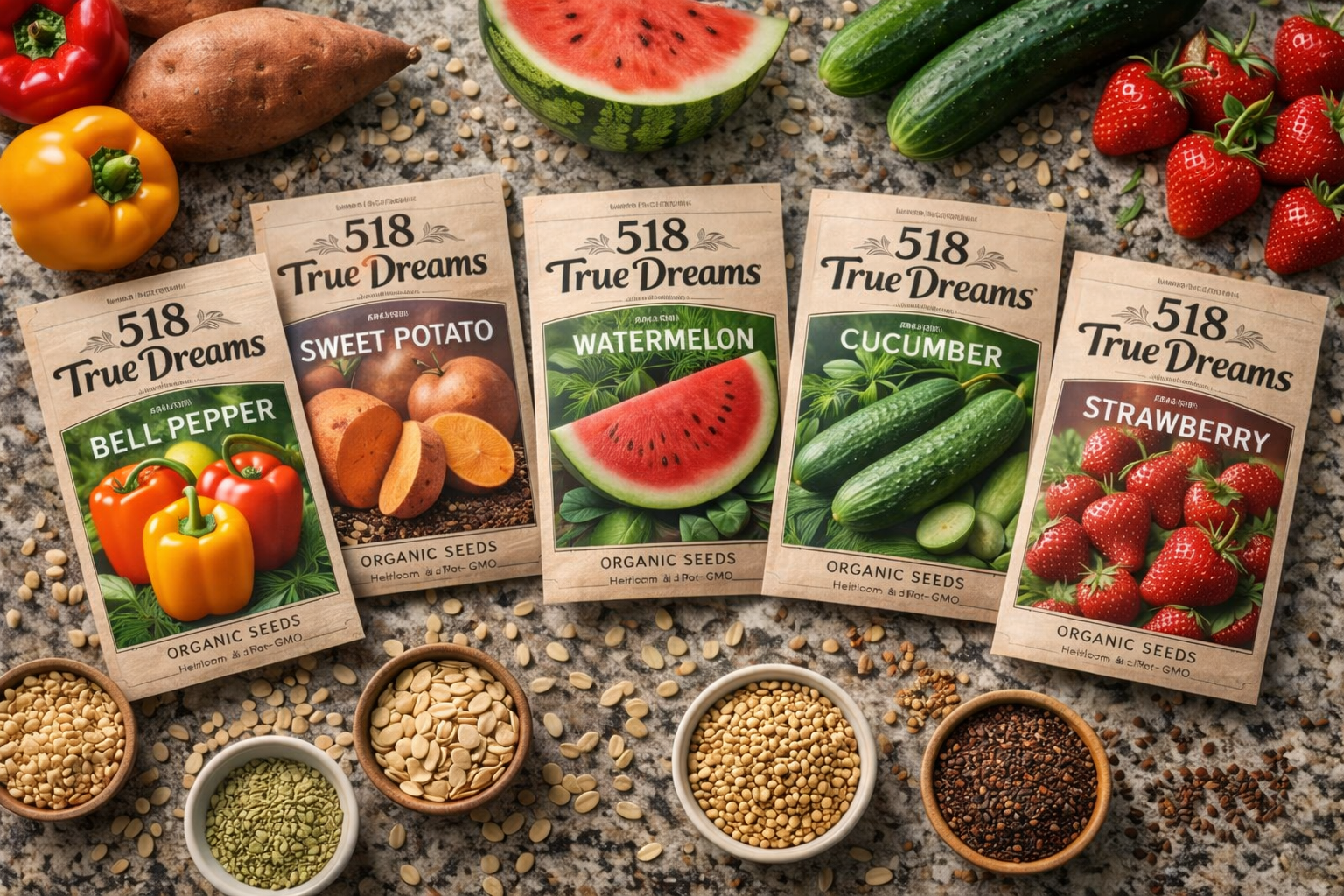 Assortment of organic seed packets and various seeds